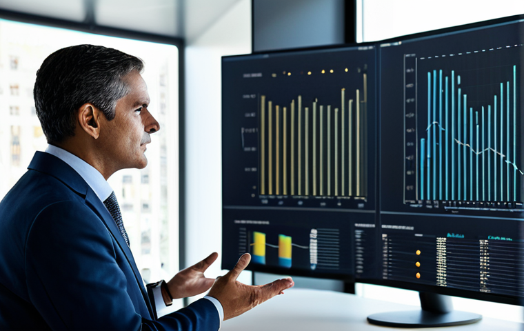 A focused professional, fully clothed in a modest business suit, stands confidently in a modern, sunlit office. Large screens display intricate data visualizations, connecting dots and patterns, symbolizing the power of inference and the overcoming of uncertainty. The office subtly integrates sophisticated Italian design elements, blending tradition with cutting-edge technology. The subject's posture is natural and engaged, with perfect anatomy and correct proportions, showing well-formed hands gesturing towards the data. The atmosphere is one of clarity, insight, and strategic decision-making. safe for work, appropriate content, fully clothed, family-friendly, professional photography, high quality.